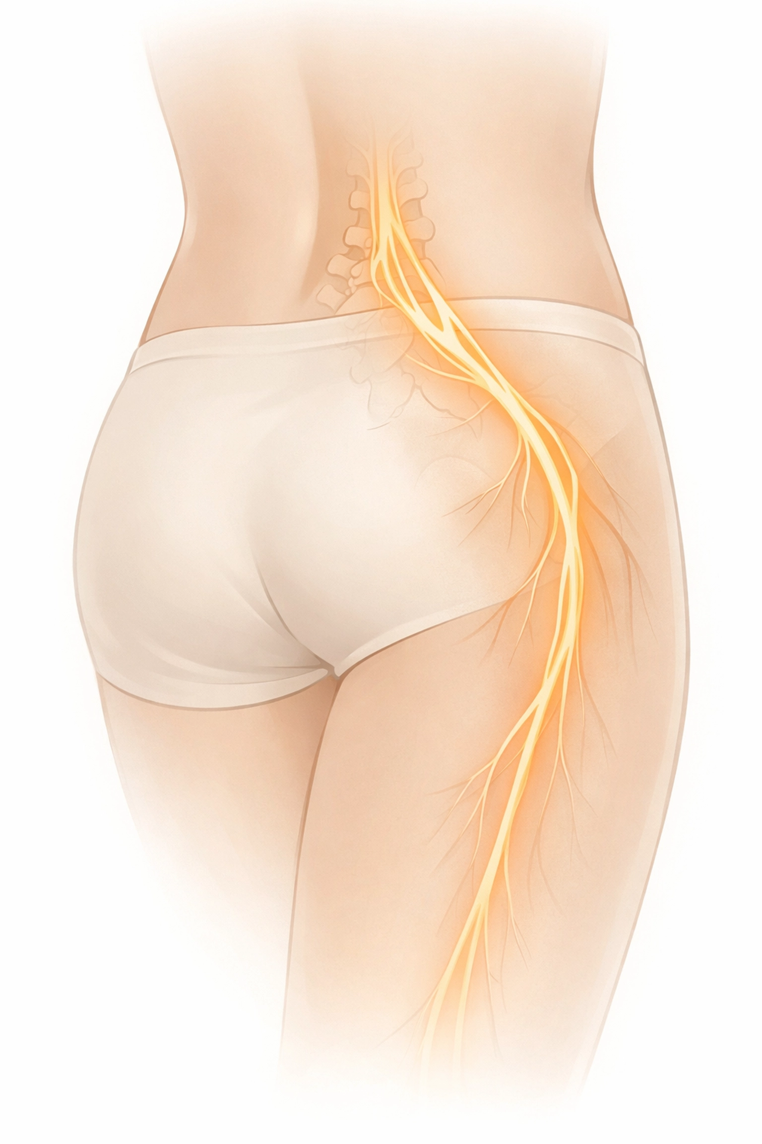 Illustration of sciatic nerve pathway from lower back to leg showing pain route