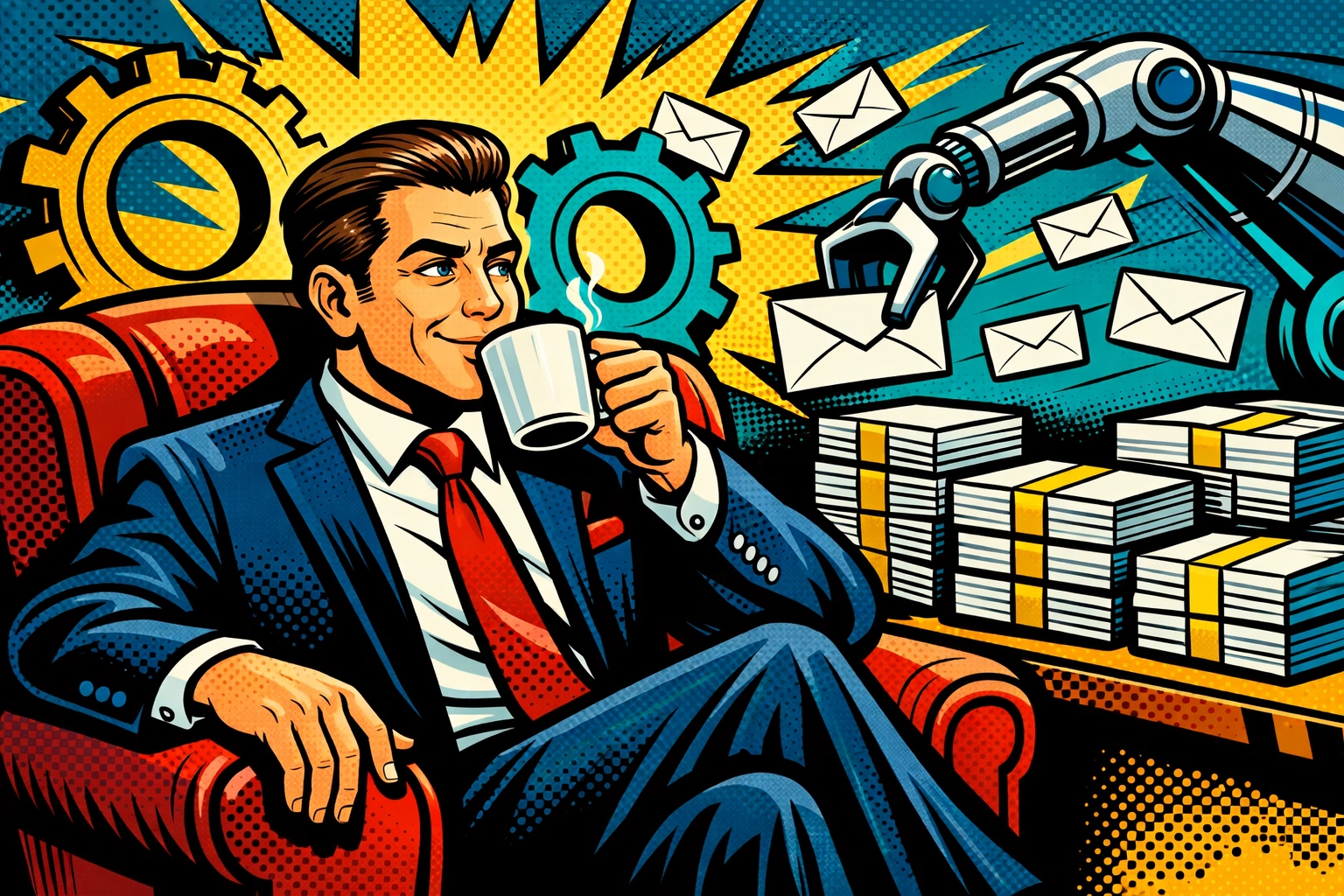 Business owner enjoying coffee while an AI robotic arm automates administrative tasks and emails.