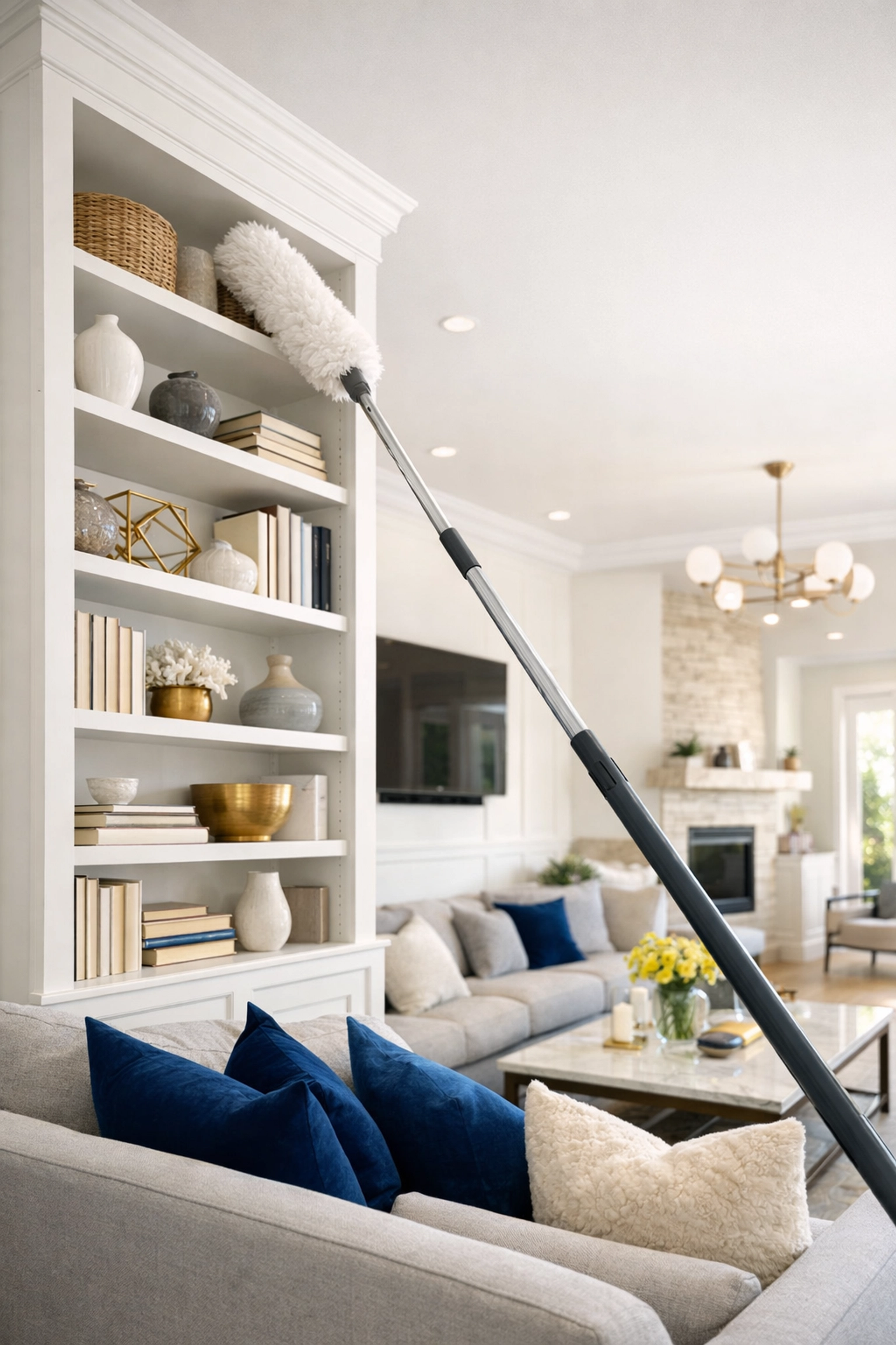 Dusting the top of a bookshelf in an Ashby living room for effective house cleaning Ashby MA.