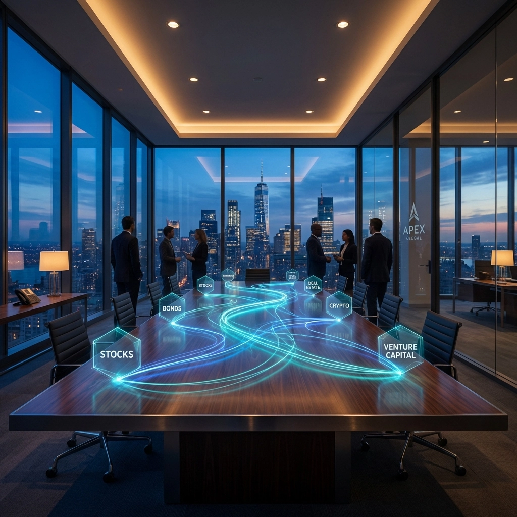 Modern office with digital liquidity streams visualizing private equity liquidity management and investment vehicles