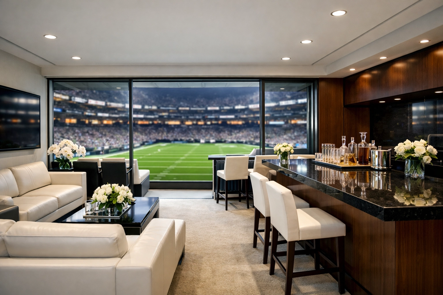 Luxury Super Bowl stadium suite with a field view for elite corporate VIP hosting and executive networking.