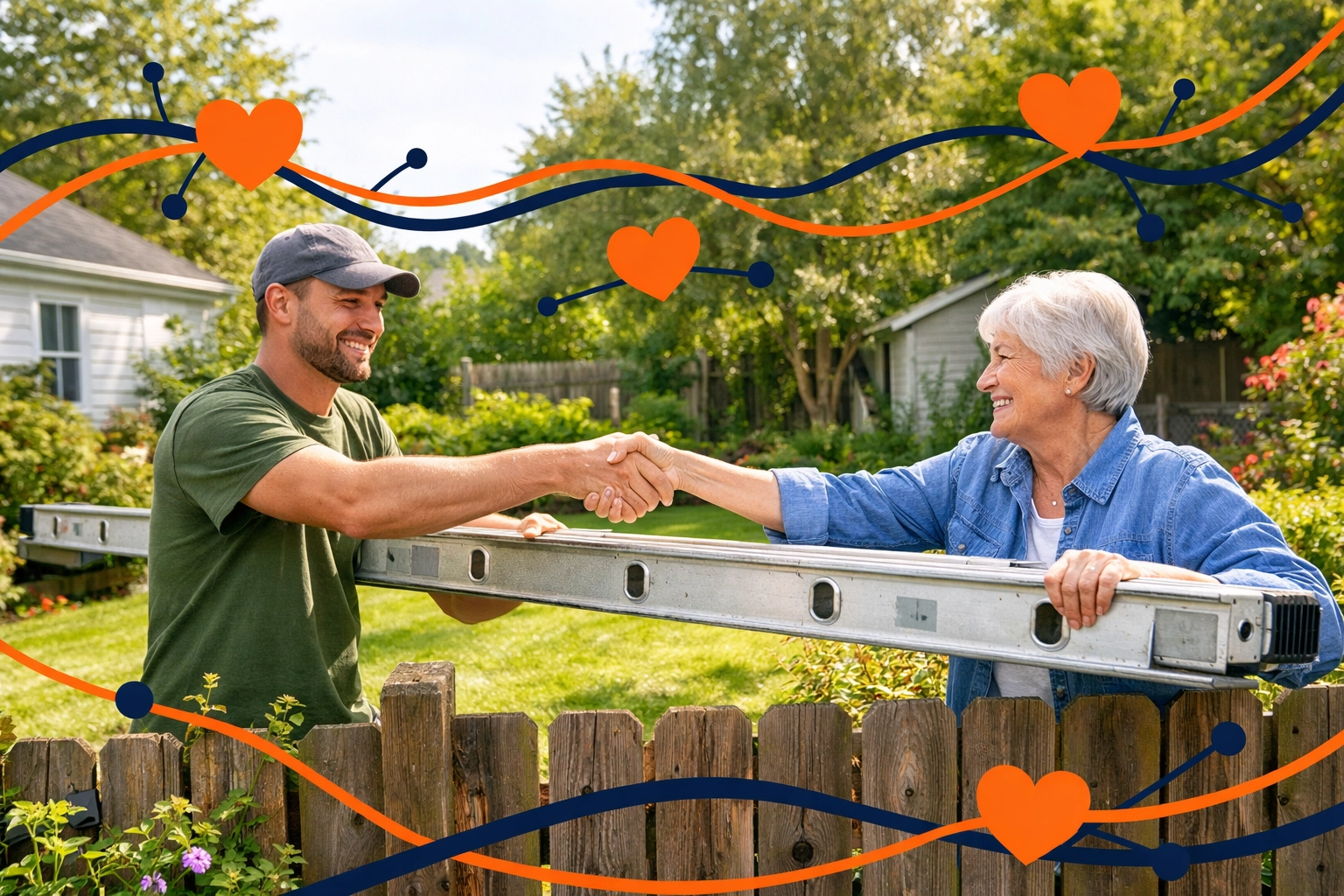 Neighbors sharing a 20-foot extension ladder over a backyard fence via a rental app.