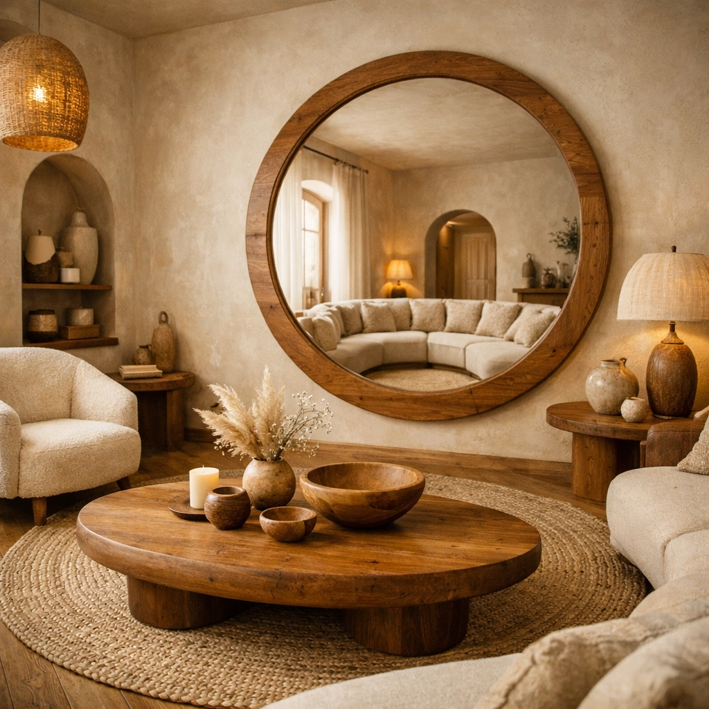 Harmonious living space featuring circular mirrors and rounded handcrafted home accessories.