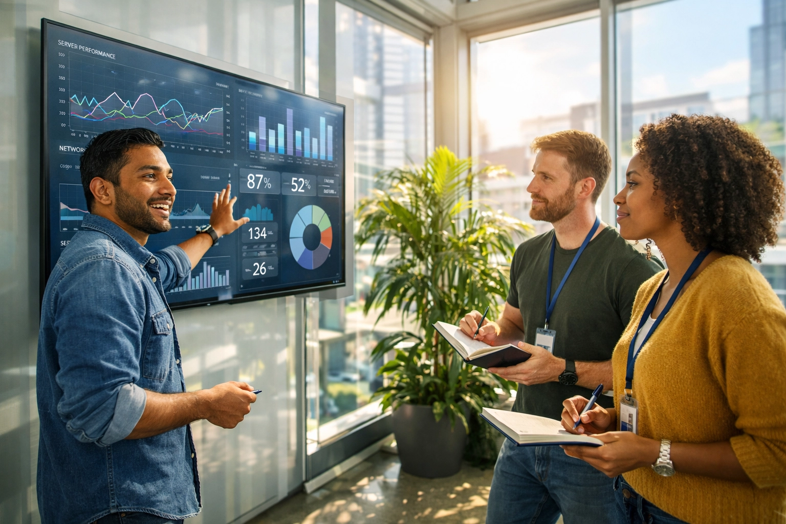 IT professionals collaborating on a ServiceNow ITAM strategy in a modern office setting.