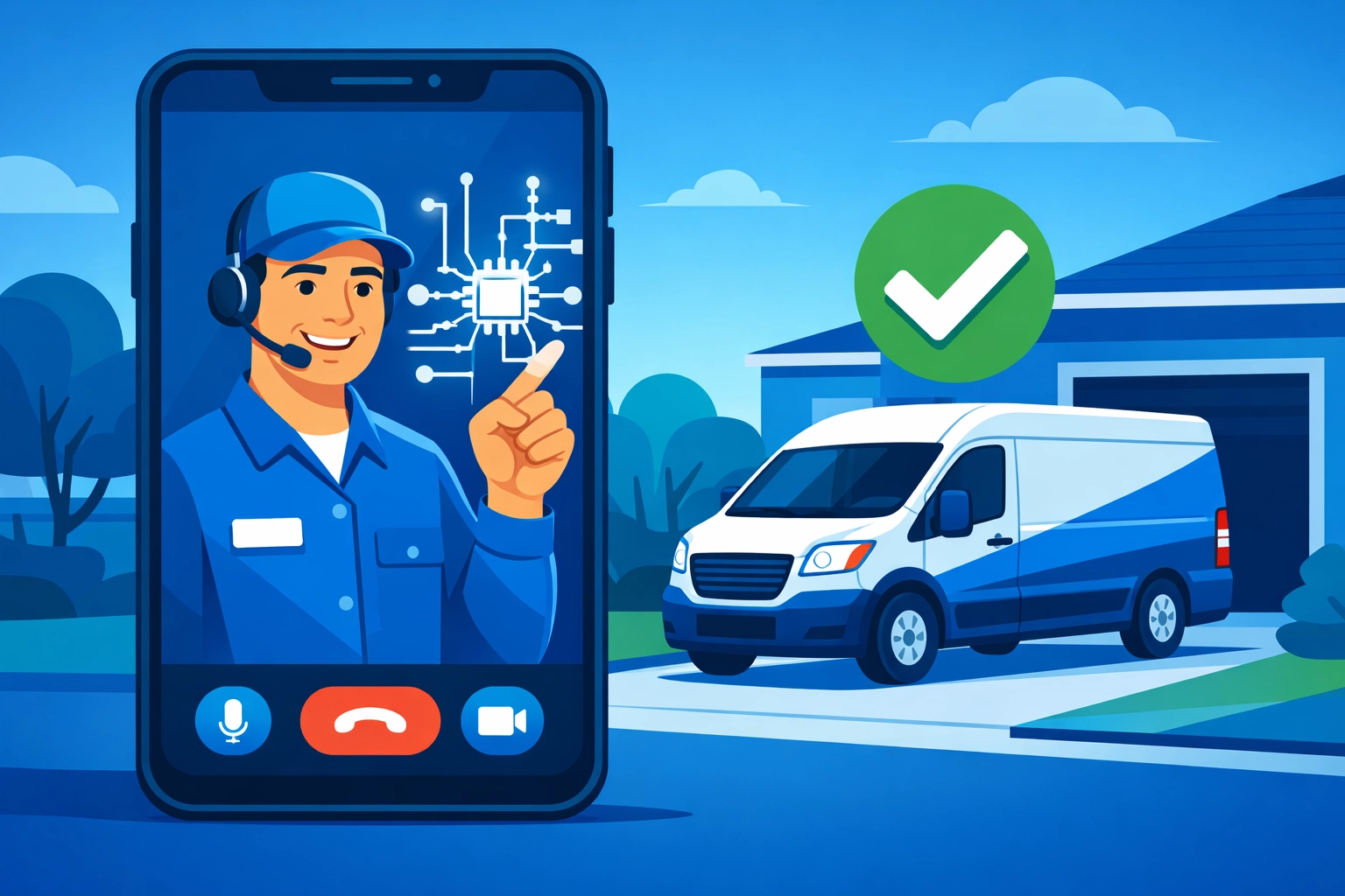 Service technician performing a remote video diagnosis on a smartphone to reduce unnecessary truck rolls.