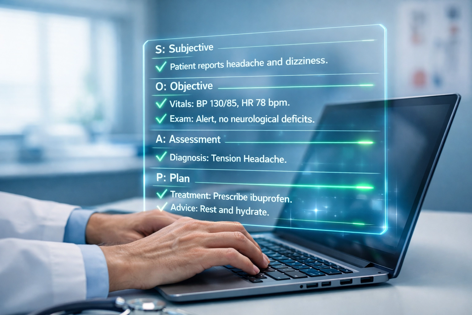 Clinician using AI clinical documentation software with real-time SOAP note validation and compliance checking