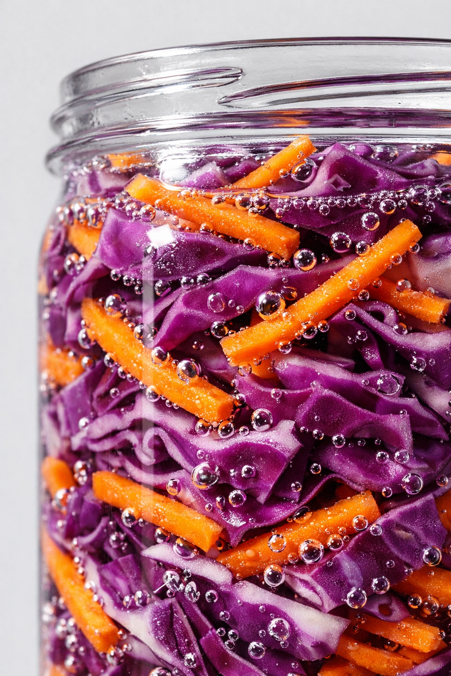 Active vegetable fermentation of cabbage and carrots showing healthy probiotic bubbles in a glass jar.