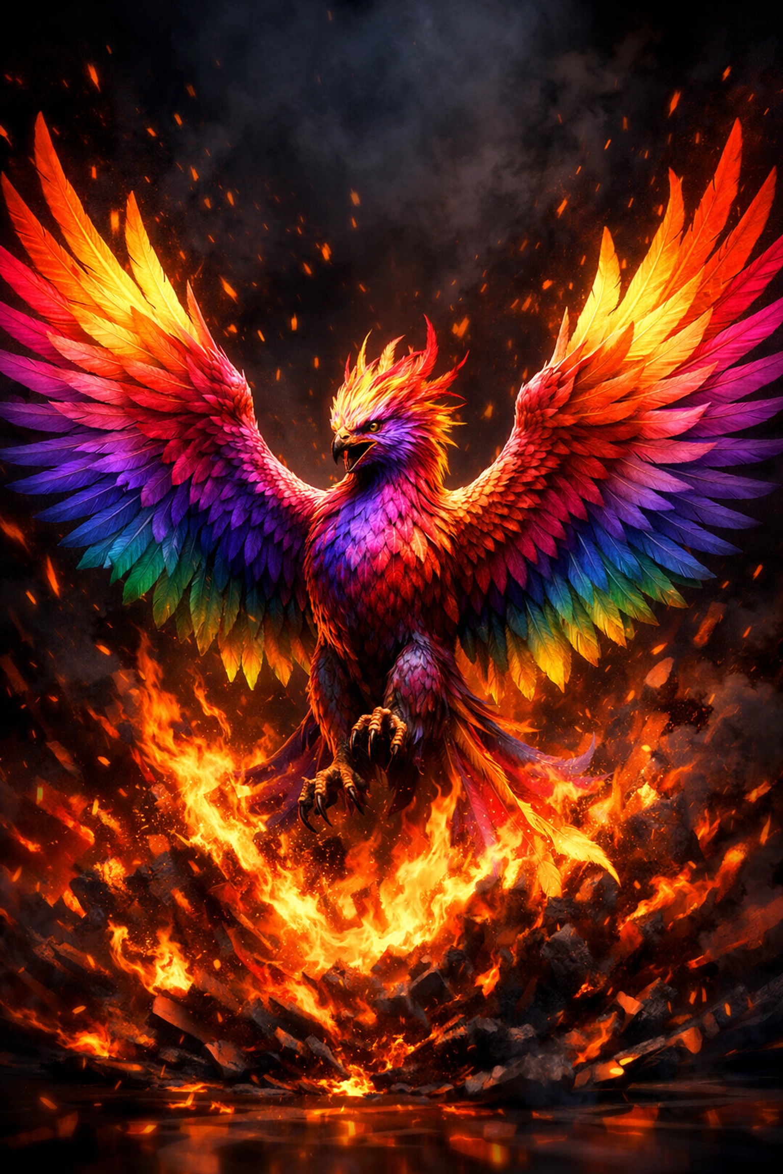 Rainbow phoenix rising from flames symbolizing LGBTQ+ pride and rebirth