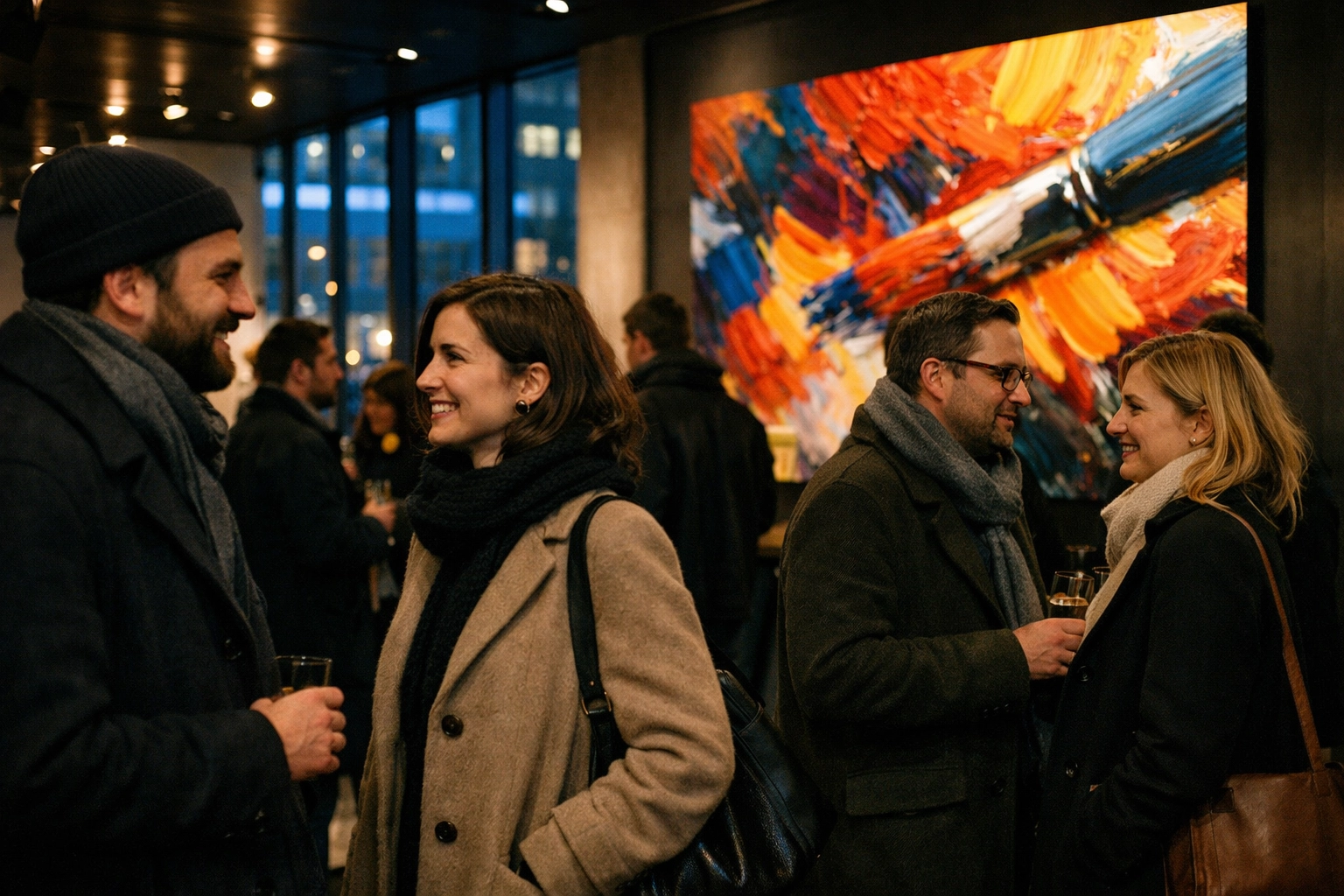 Stylish Montrealers discussing films in a modern art gallery lobby during FIFA 44 festival.