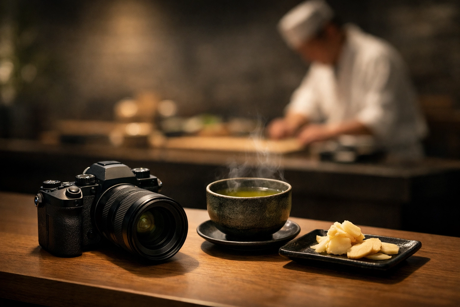 Professional camera gear in a Ginza sushi den, capturing the art of high-end Japanese cuisine.