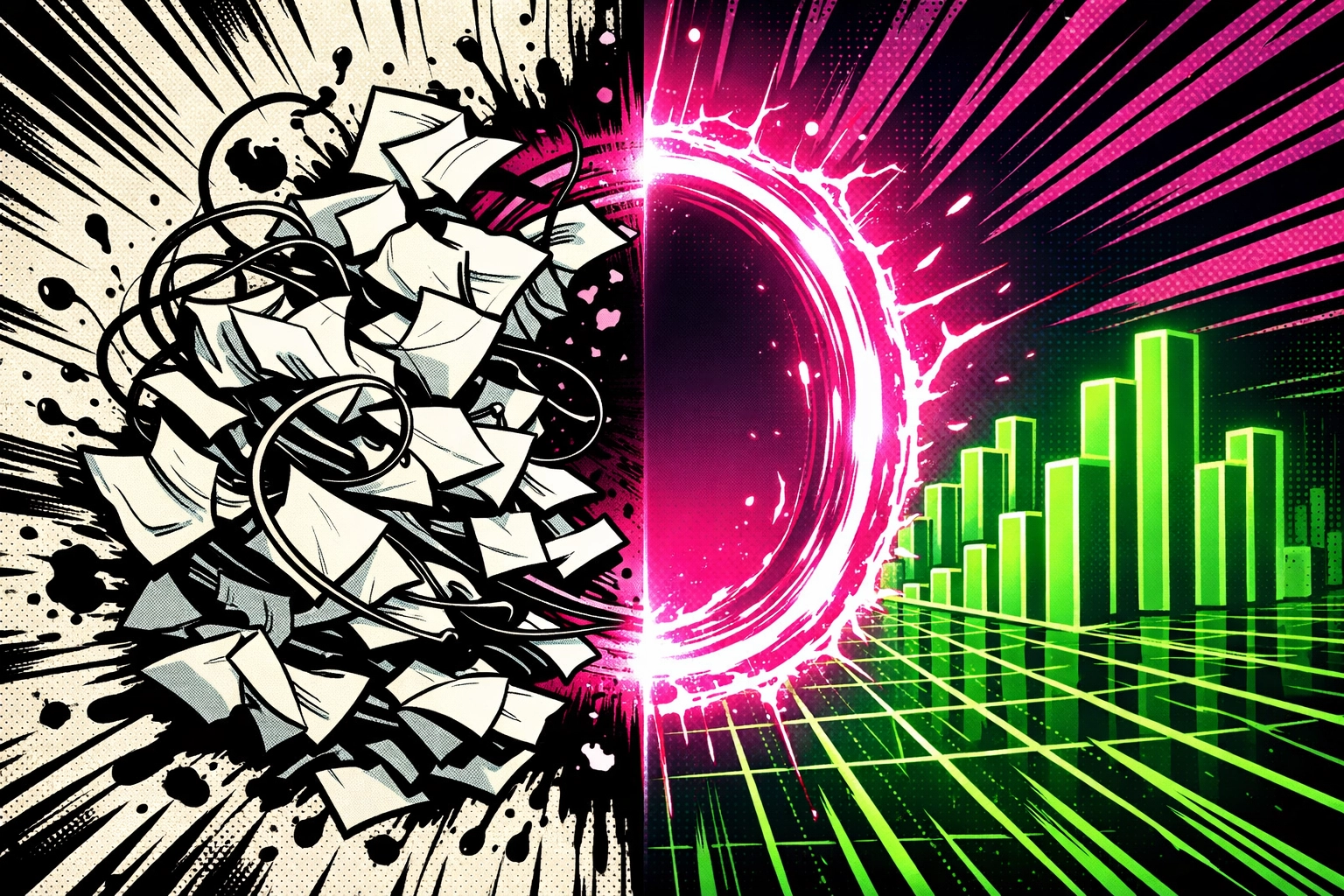 AI document processing transforming messy business data into organized reports and clear bar charts.