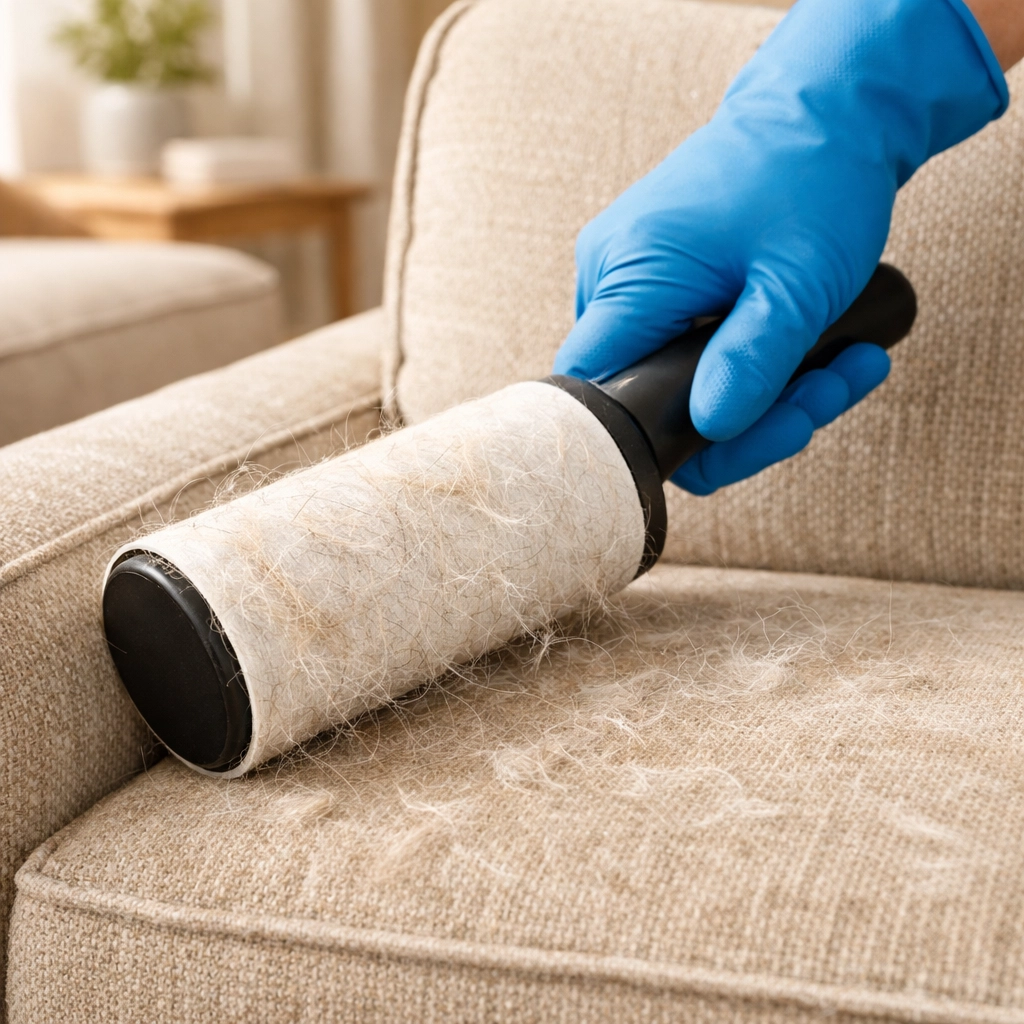 Using lint roller to remove pet hair from furniture during apartment make-ready