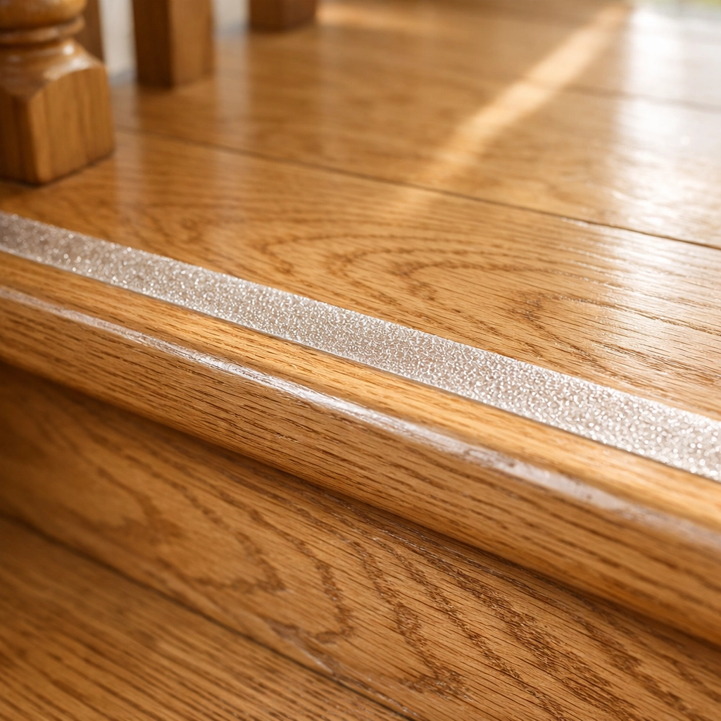 Clear anti-slip adhesive strip applied to the edge of a wooden stair tread for better traction.
