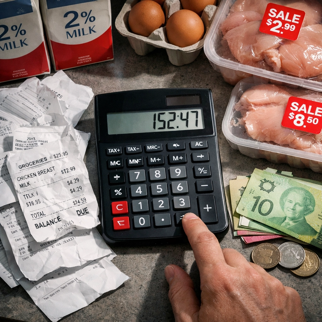 Family grocery budget showing calculator, receipts and essential dairy and poultry products