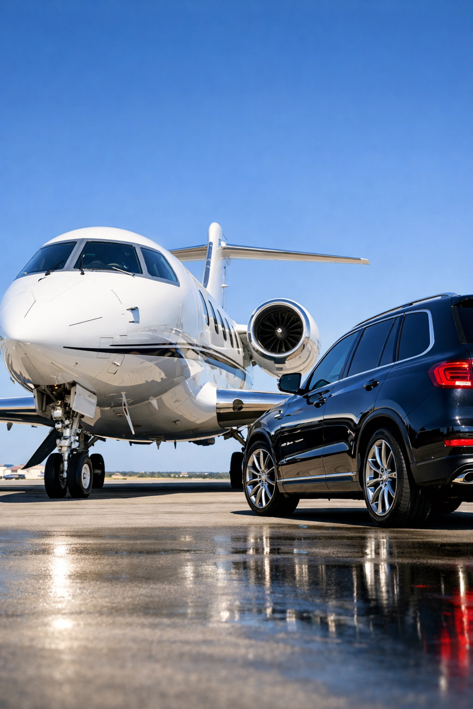Private jet and luxury SUV on a tarmac representing seamless Super Bowl corporate logistics and VIP travel.