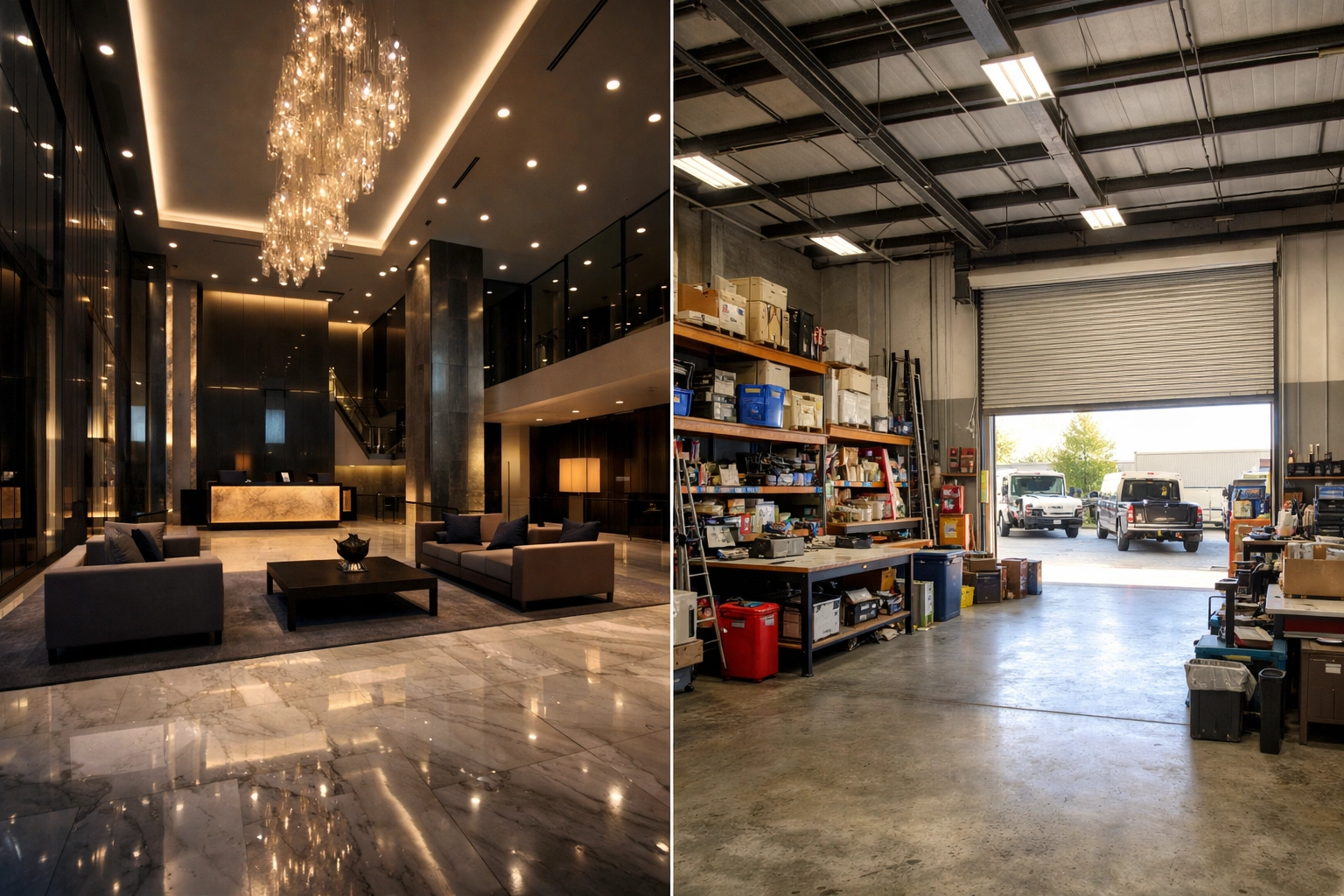 Empty glass office tower lobby contrasted with active DFW industrial flex space interior
