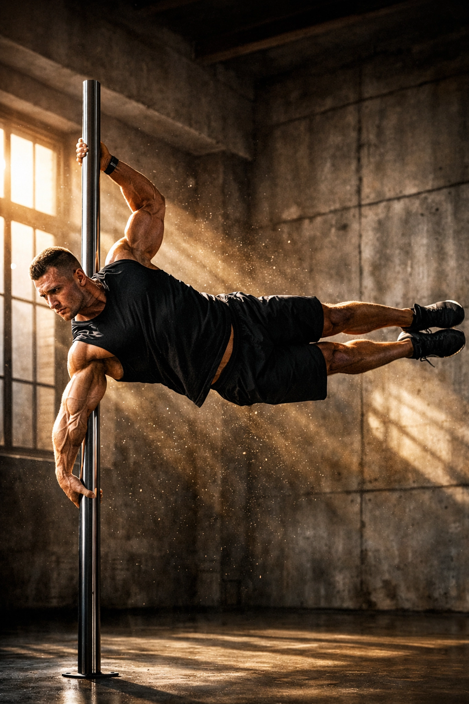 Athlete performing a human flag on a vertical steel rail pull up bar alternative in a home gym.