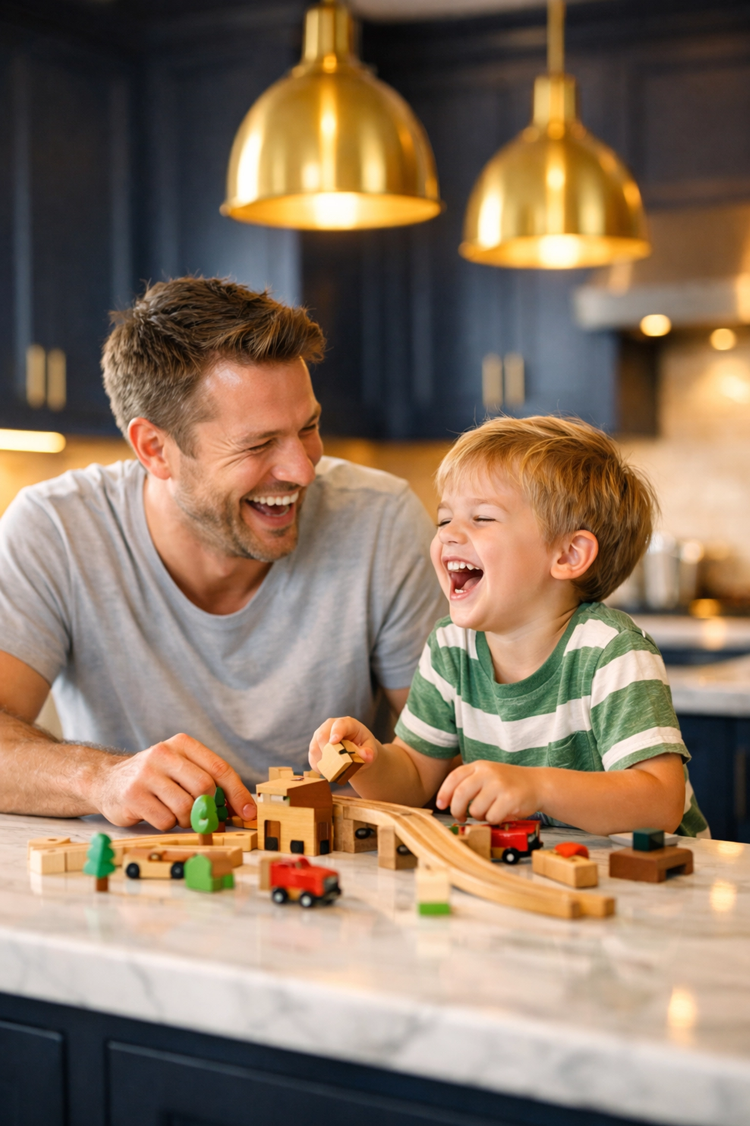 A happy family enjoys quality time in a sparkling clean kitchen thanks to weekly home cleaning services.