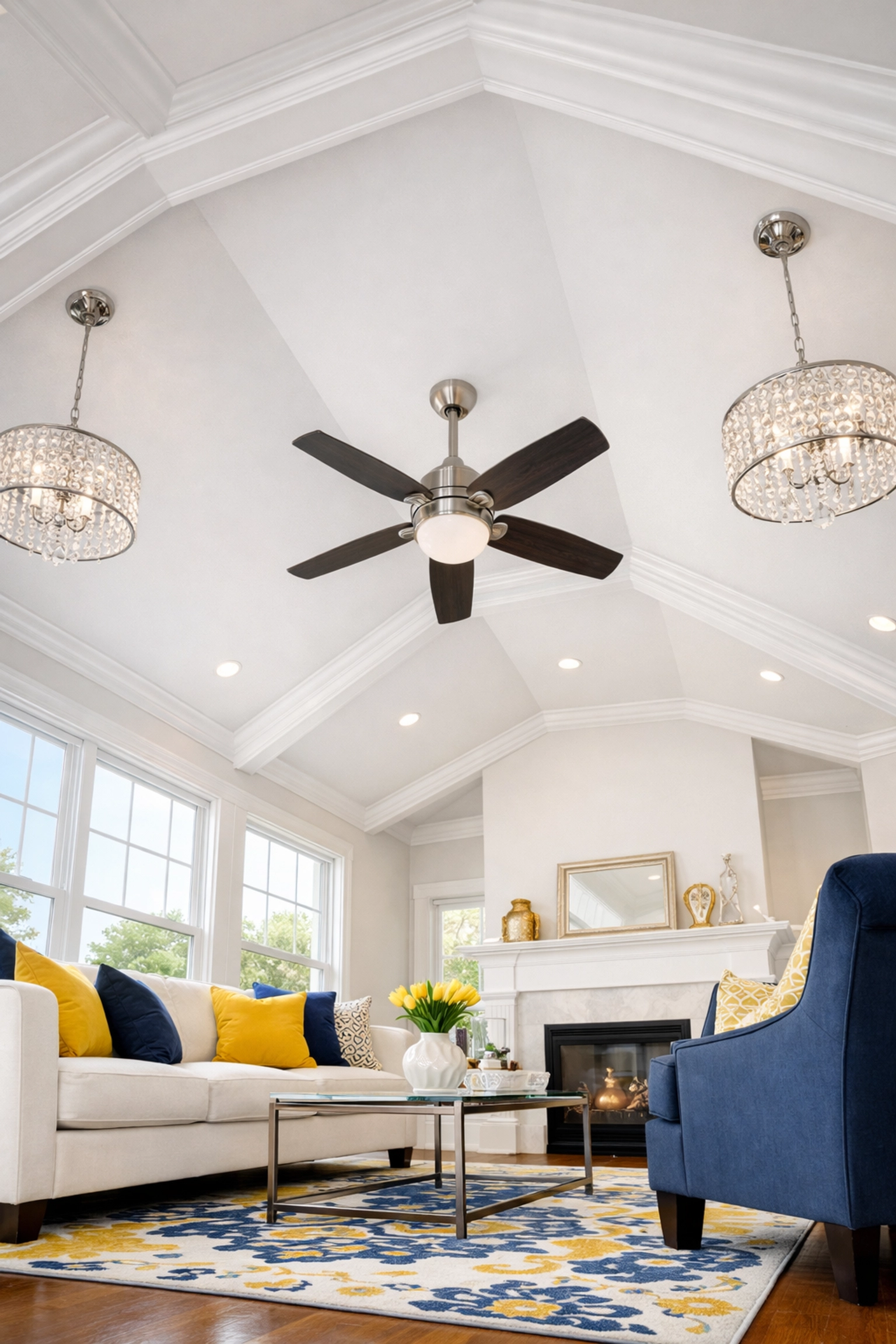 Living room with pristine crown molding and vaulted ceilings illustrating deep cleaning in Westborough.