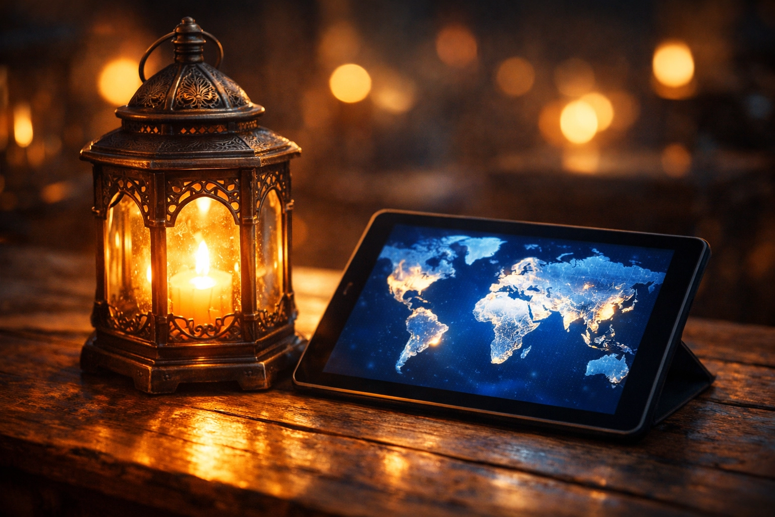 Lantern glowing beside a world map, symbolizing church leadership and the call to serve