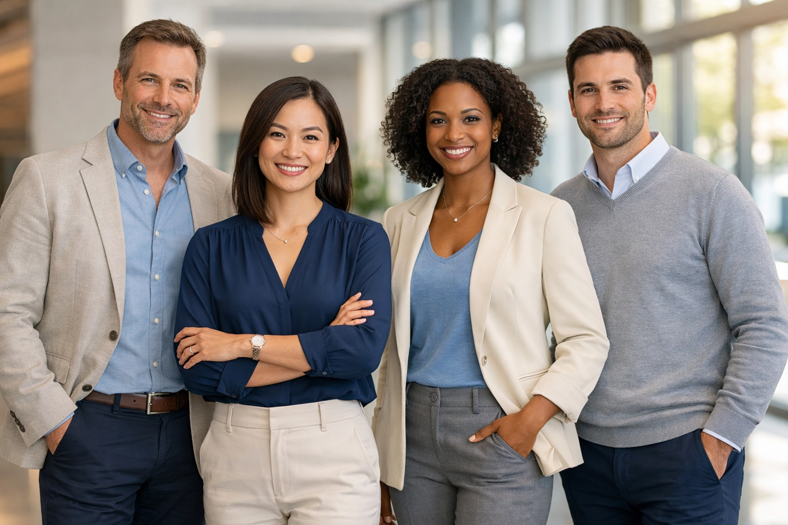 Diverse team with consistent headshots, highlighting brand cohesion and professional corporate headshot tips.