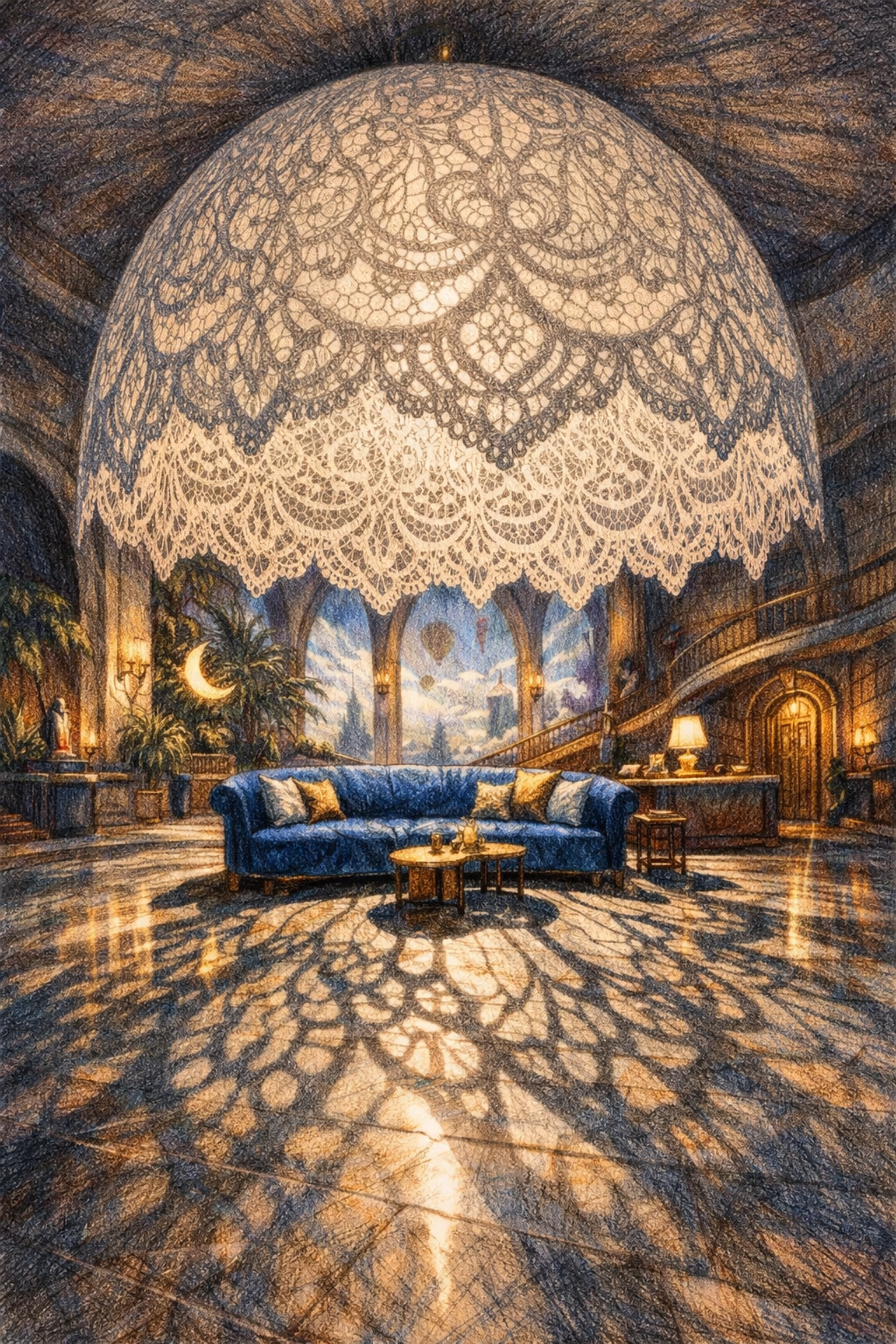 Whimsical boutique hotel interior design featuring a lace-patterned dome and blue velvet sofa.
