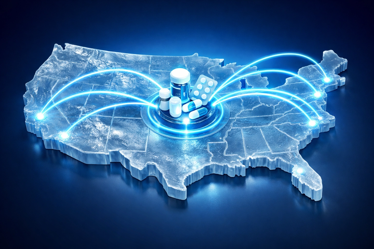 Map of the United States showing fast 2-day shipping routes for domestic peptide delivery to clinical practices.
