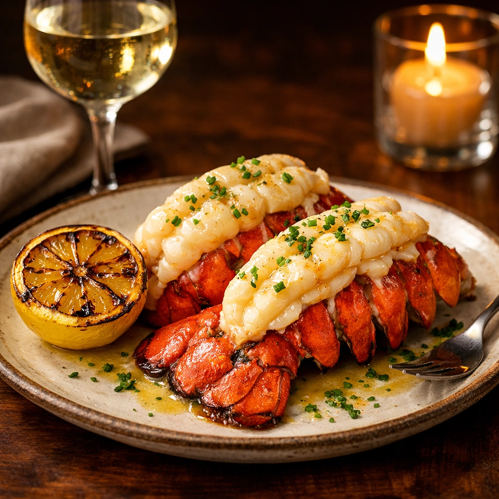 Two butter-poached lobster tails served on a dinner plate, perfect for hosting with restaurant-quality ingredients.