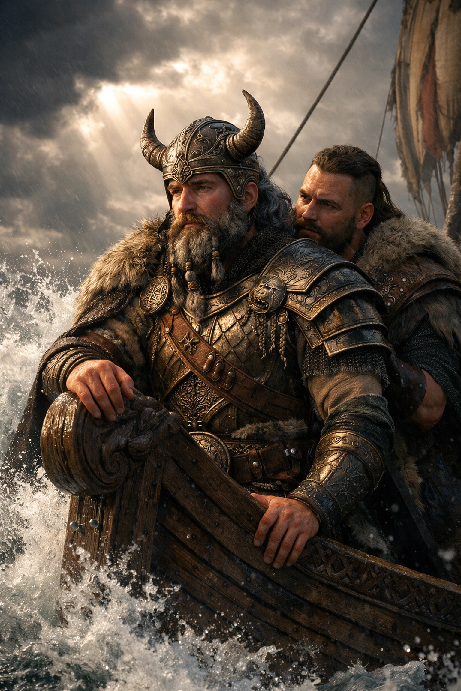 Viking chieftain and devoted navigator on longship voyage - LGBTQ+ historical bond