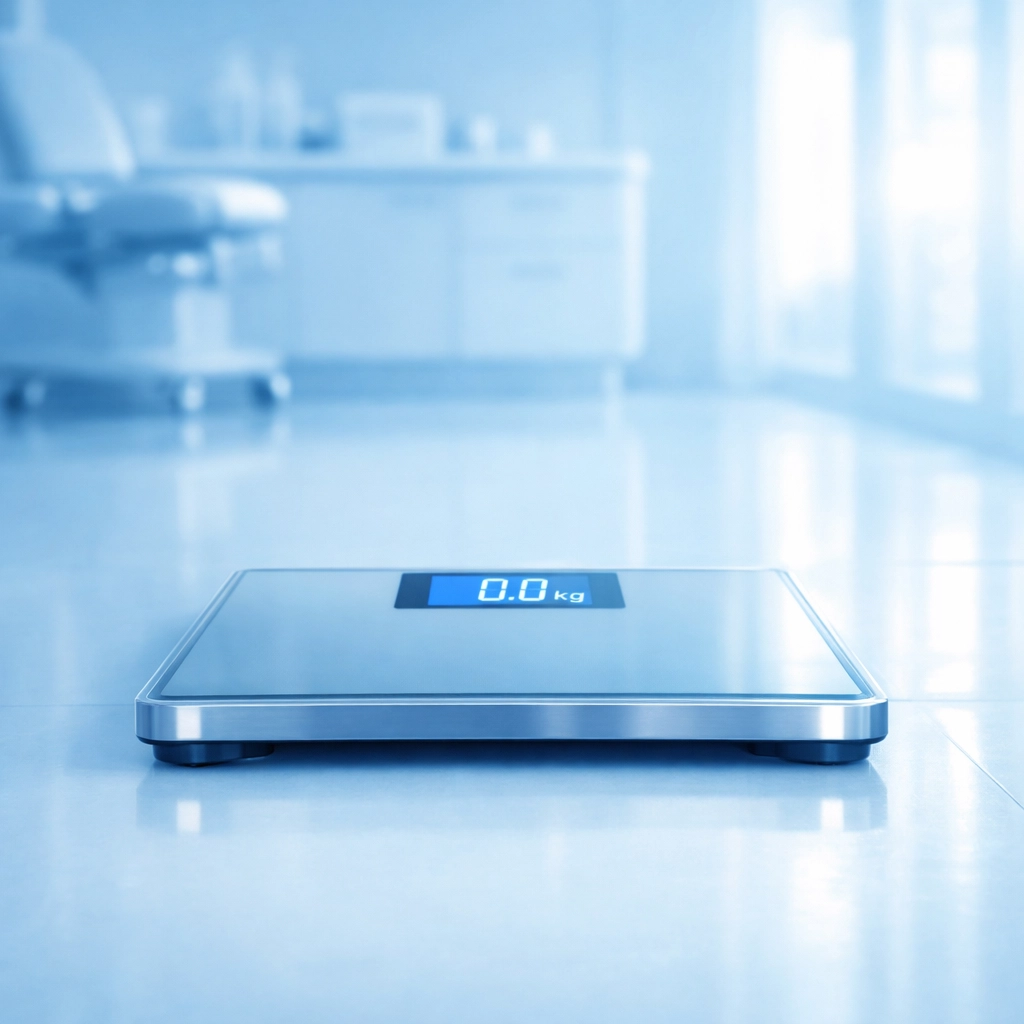 Digital medical scale in a clinic representing weight loss success with Retatrutide therapy