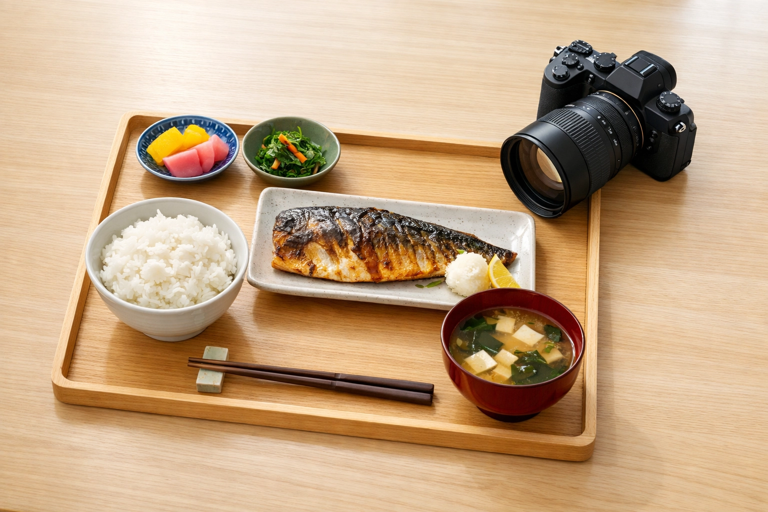 A traditional Japanese Teishoku set meal next to a camera, a top budget travel food option in Tokyo.