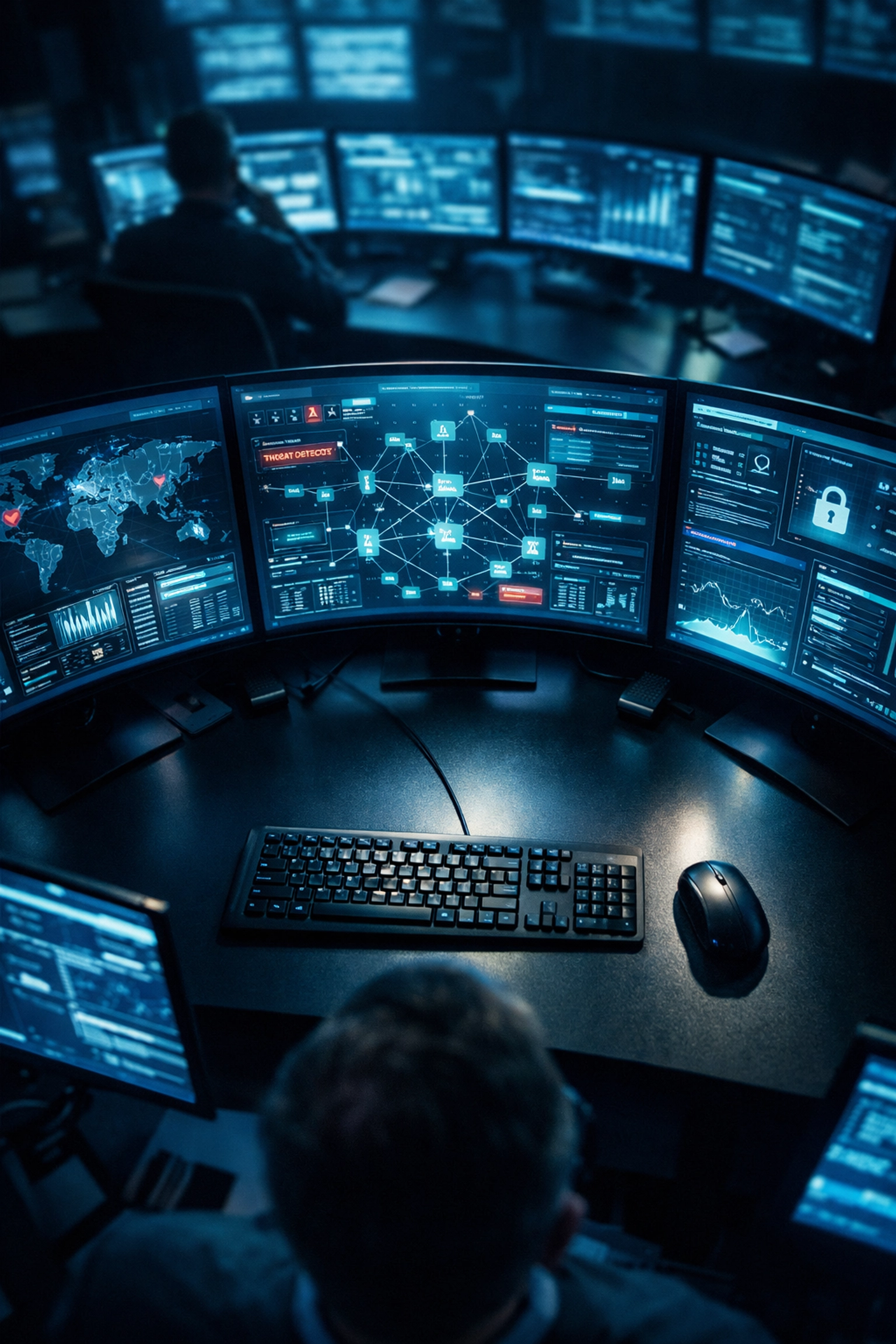 Cybersecurity operations center monitoring network threats and data security dashboards