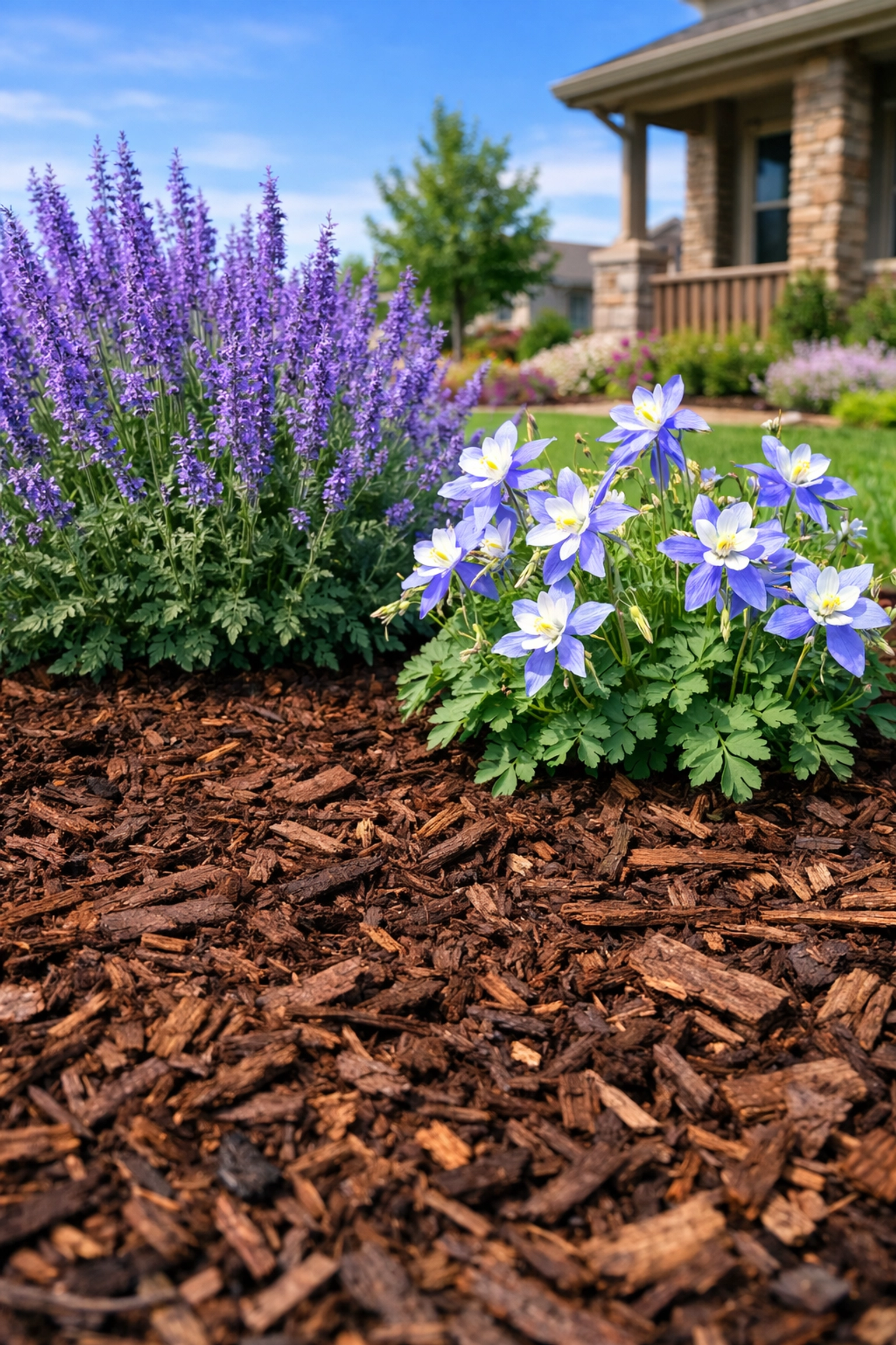 Denver landscaping featuring native Colorado Blue Columbine and fresh mulch for curb appeal.
