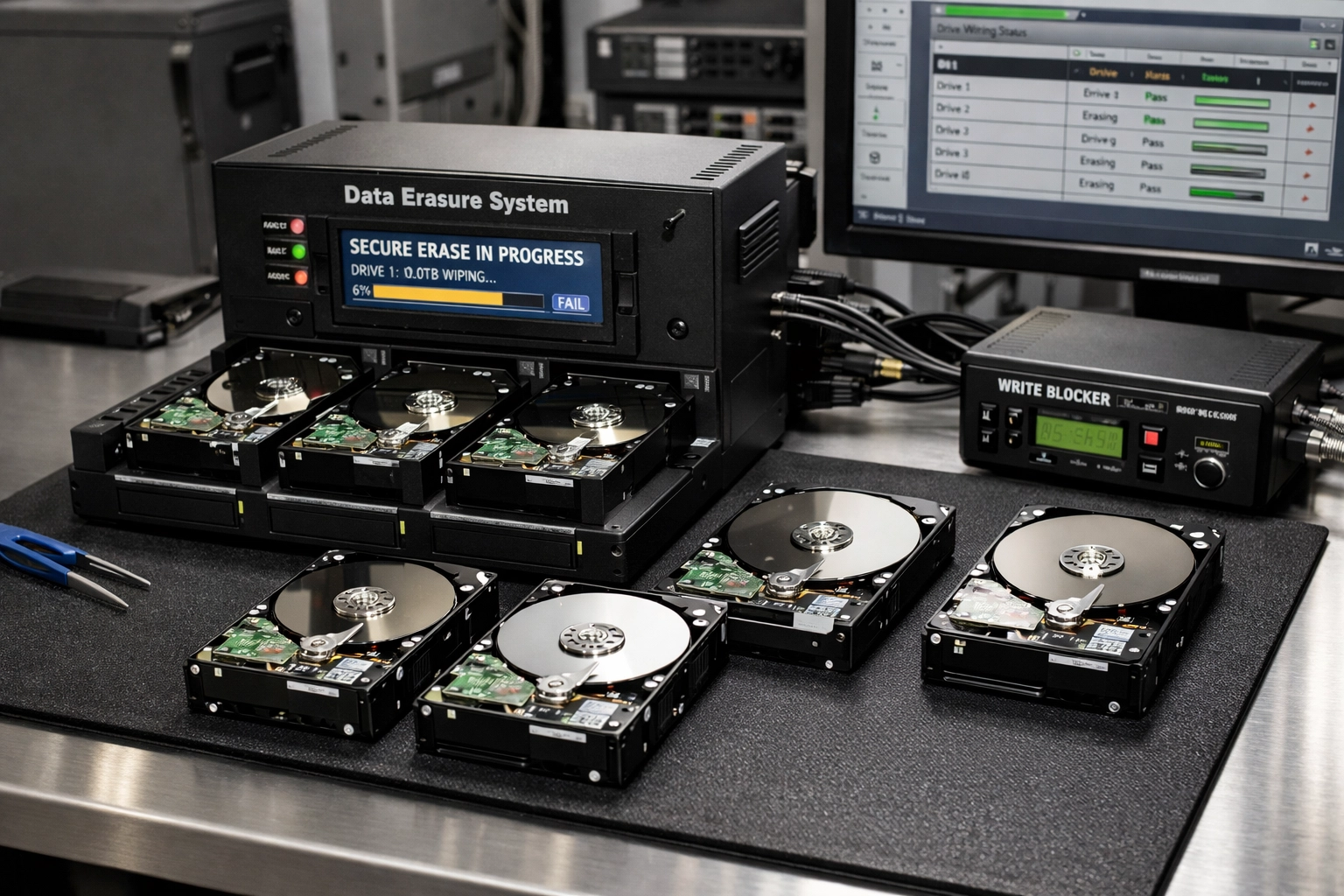 Secure data destruction station showing computer hard drives prepared for certified IT recycling services.