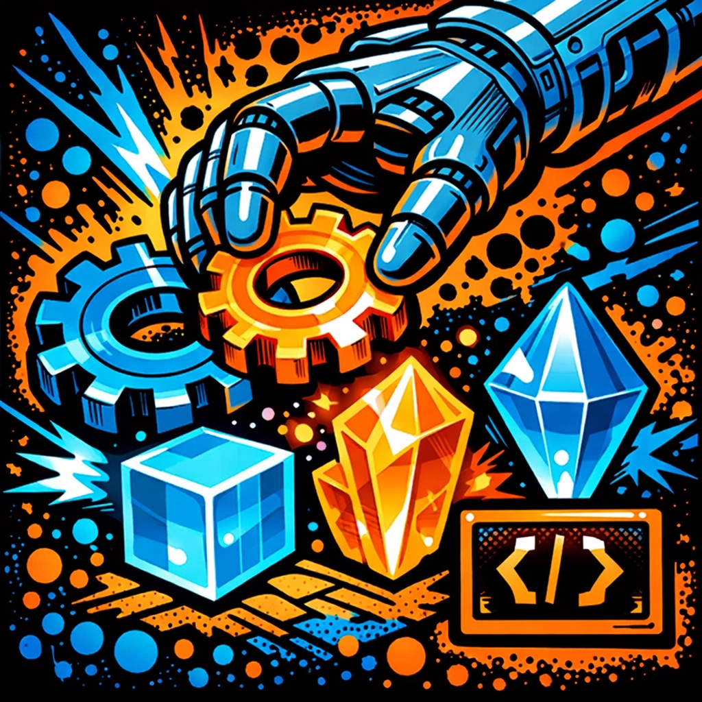 Robotic hand assembling digital business automation tools to streamline workflows without needing to write code.