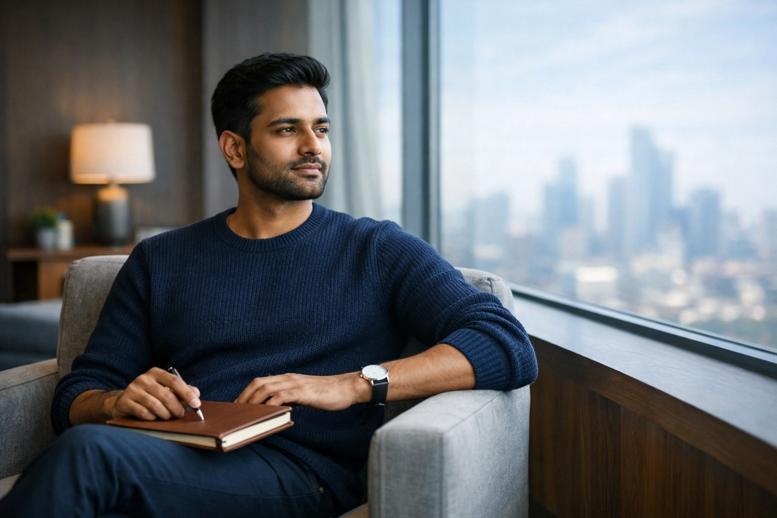 Young man in quiet reflection, establishing a daily habit of prayer and emotional regulation.