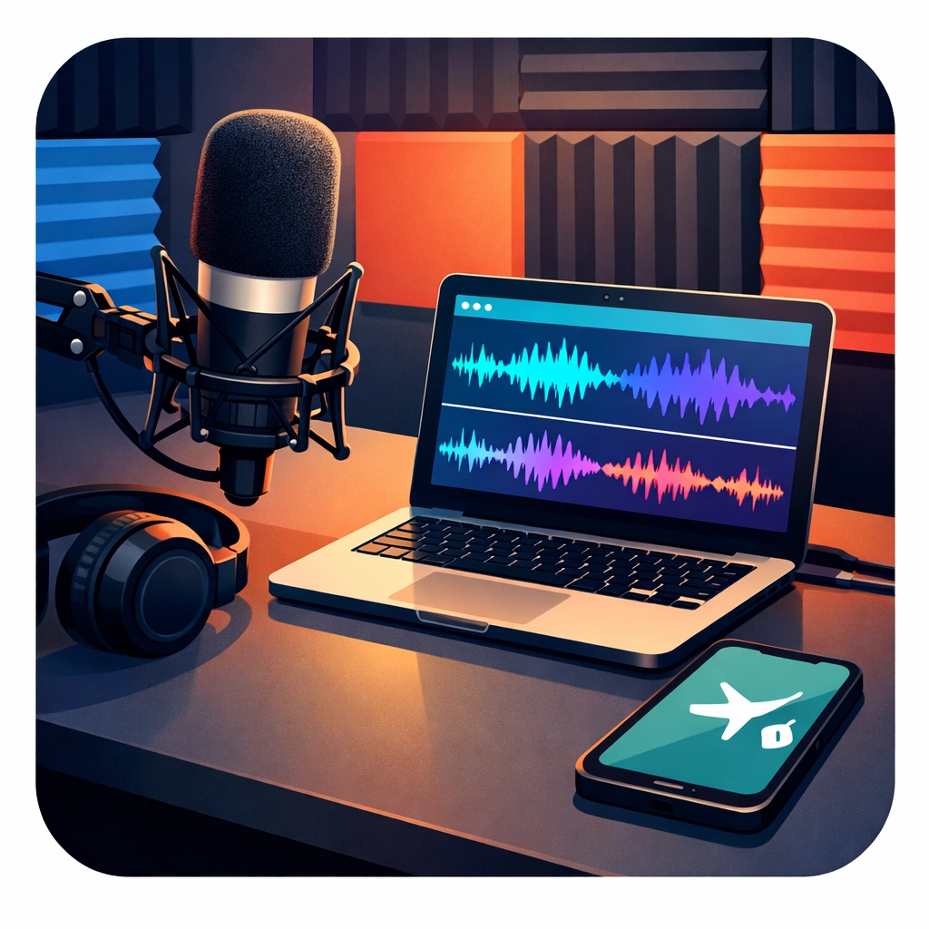 Professional home recording setup with microphone and headphones for radio interviews