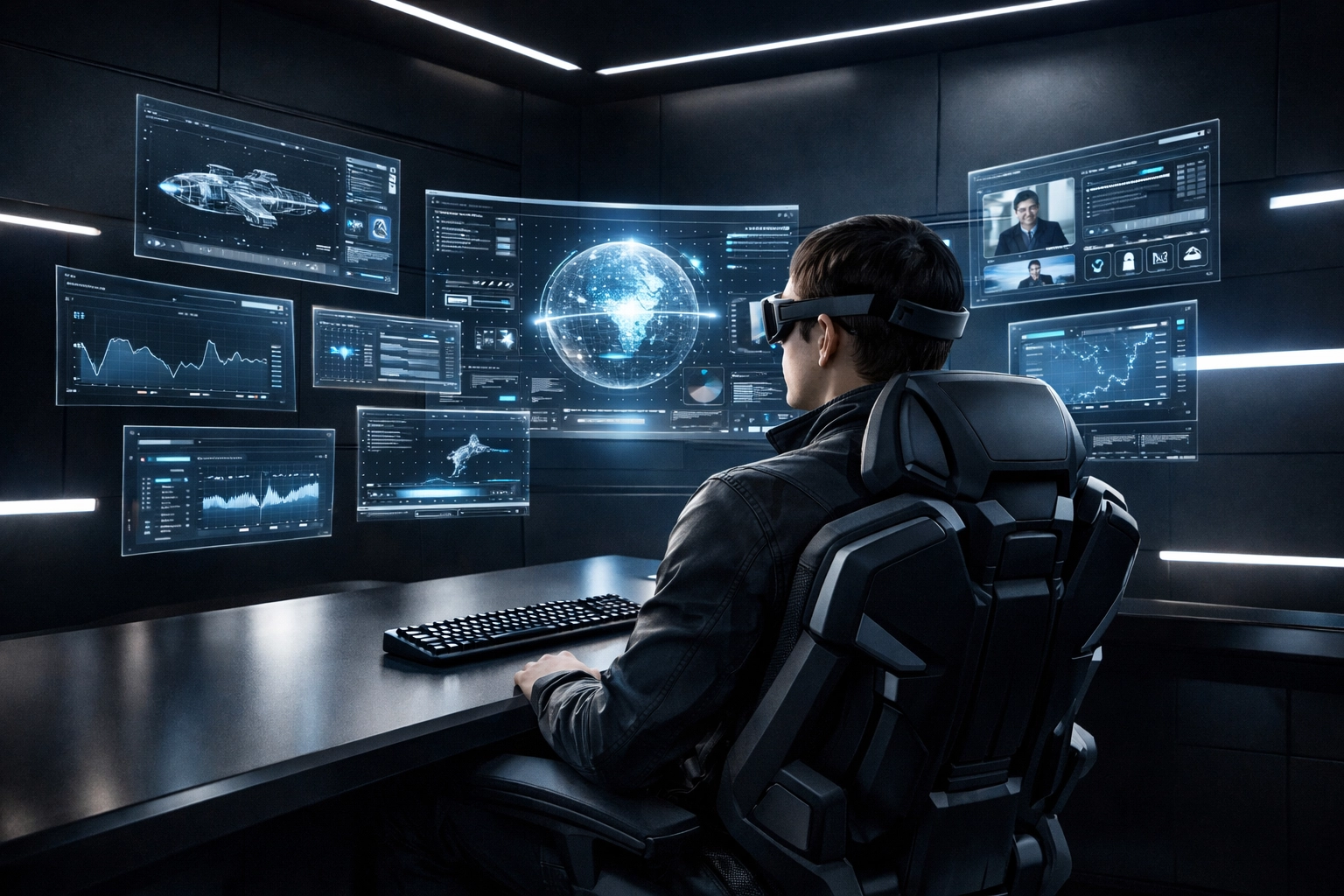 Futuristic high-tech cockpit studio with AR glasses and floating virtual screens for productivity.