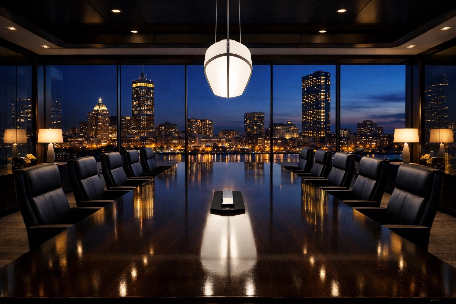 A spotless executive boardroom overlooking the Boston skyline maintained by expert janitorial services Massachusetts.