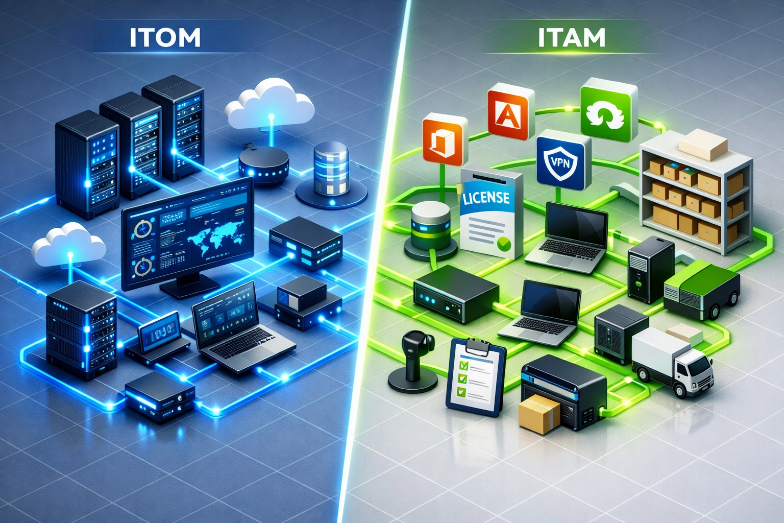 Visual comparison of ServiceNow ITOM infrastructure monitoring and ITAM software asset management systems