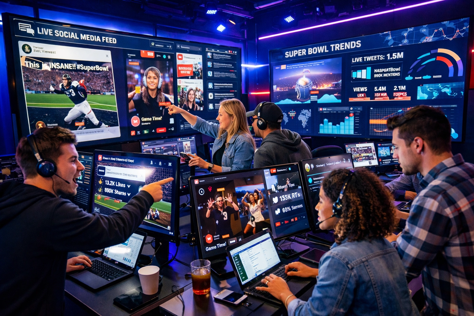 Marketing team monitoring real-time social media engagement during Super Bowl campaign activation