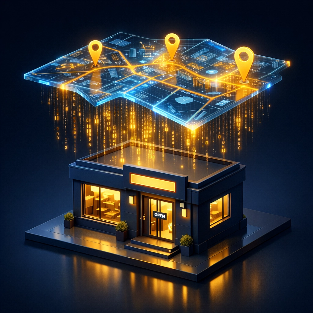 Digital map overlaying a storefront representing LocalBusiness schema markup for improved search ranking.