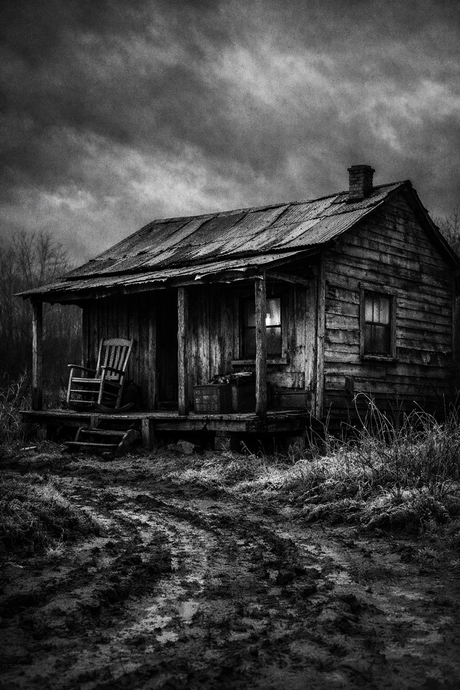 Weathered wooden shack in 1930s Tupelo Mississippi representing Elvis Presley's humble beginnings.