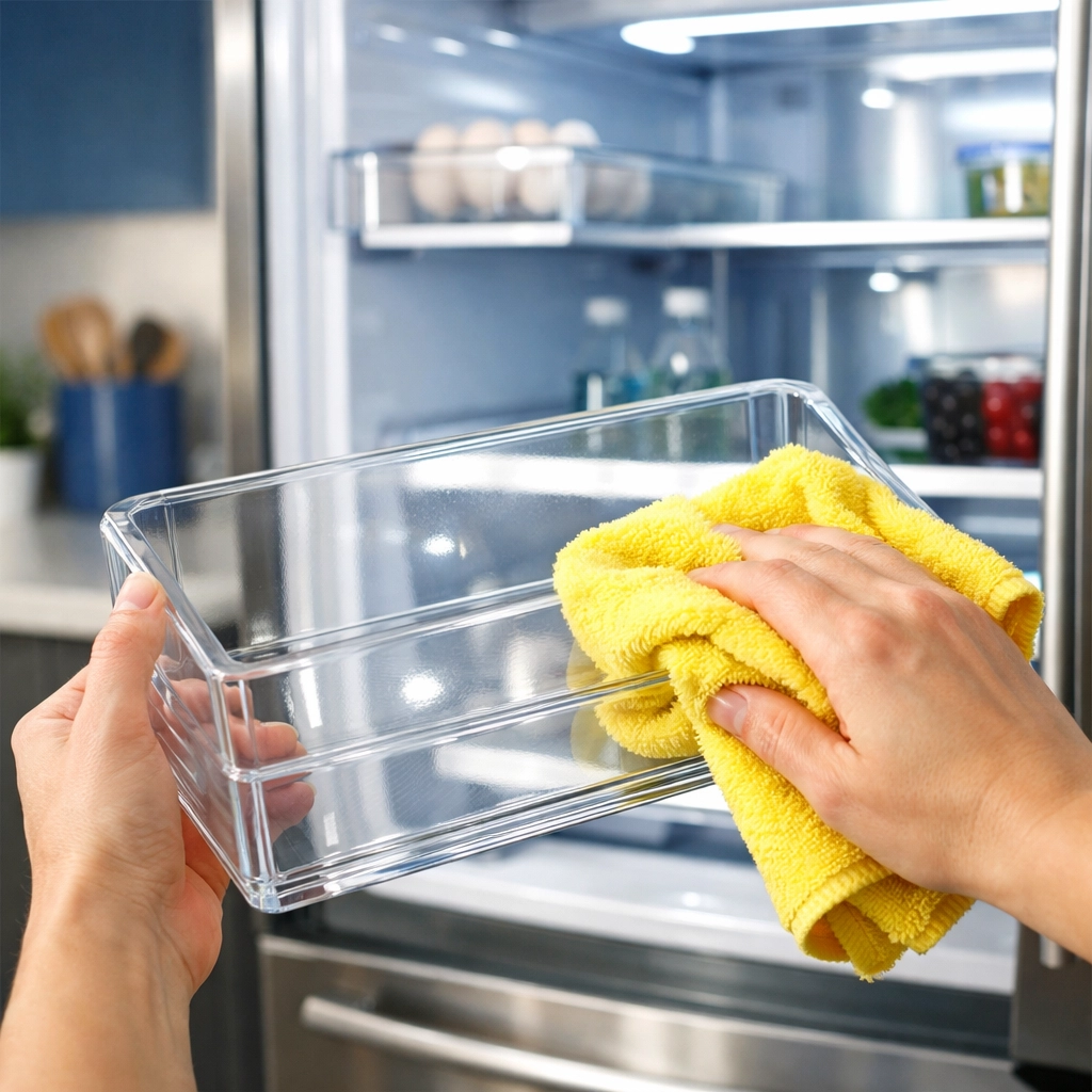 Drying a clear refrigerator drawer with a microfiber cloth for a clean kitchen.