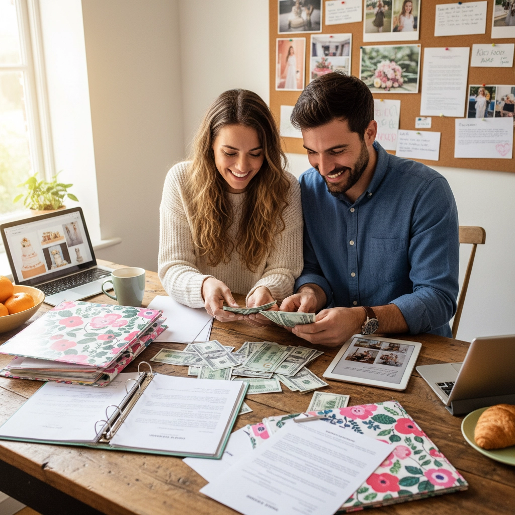 Smiling couple counting money at a wooden table with floral binders, computers, and papers. Sunlit room with a mood board in the background.