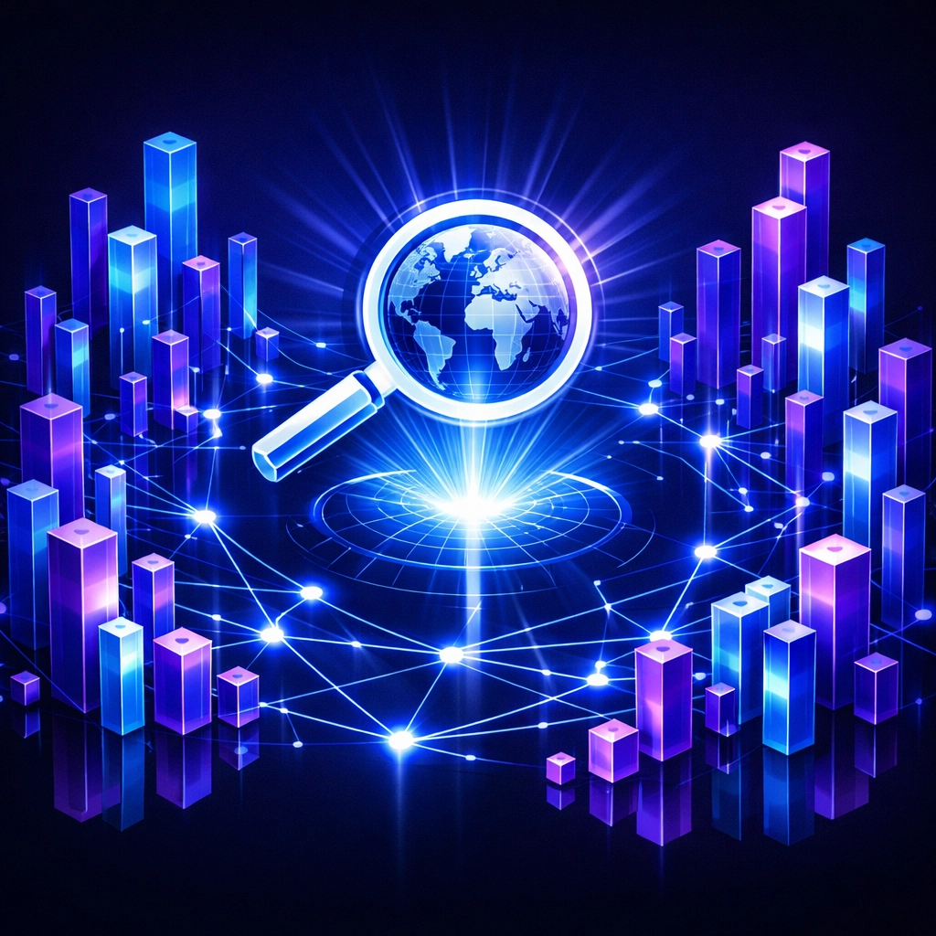 Visual representation of website authority and SEO strategy with interconnected data pillars and rankings.