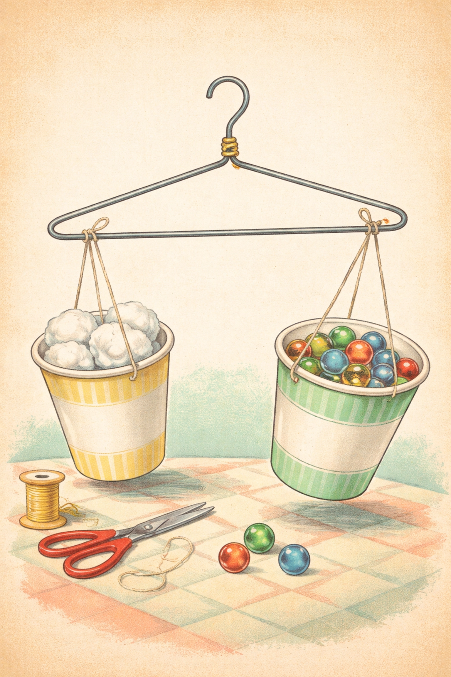 Close-up of a homemade balance scale with paper cups filled with marbles and cotton balls to teach kids about comparing weight