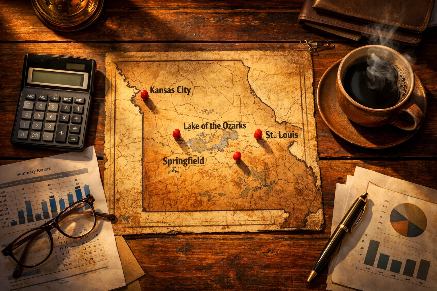 Business planning desk showing Missouri sponsorship opportunities across major cities