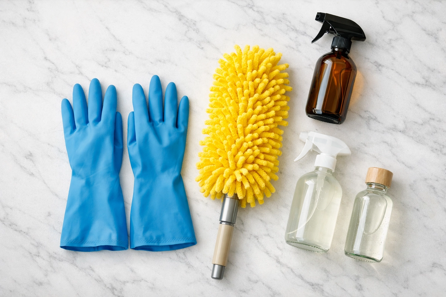 Blue cleaning gloves and yellow duster on a marble counter representing the Massachusetts Cleaning Services Directory.