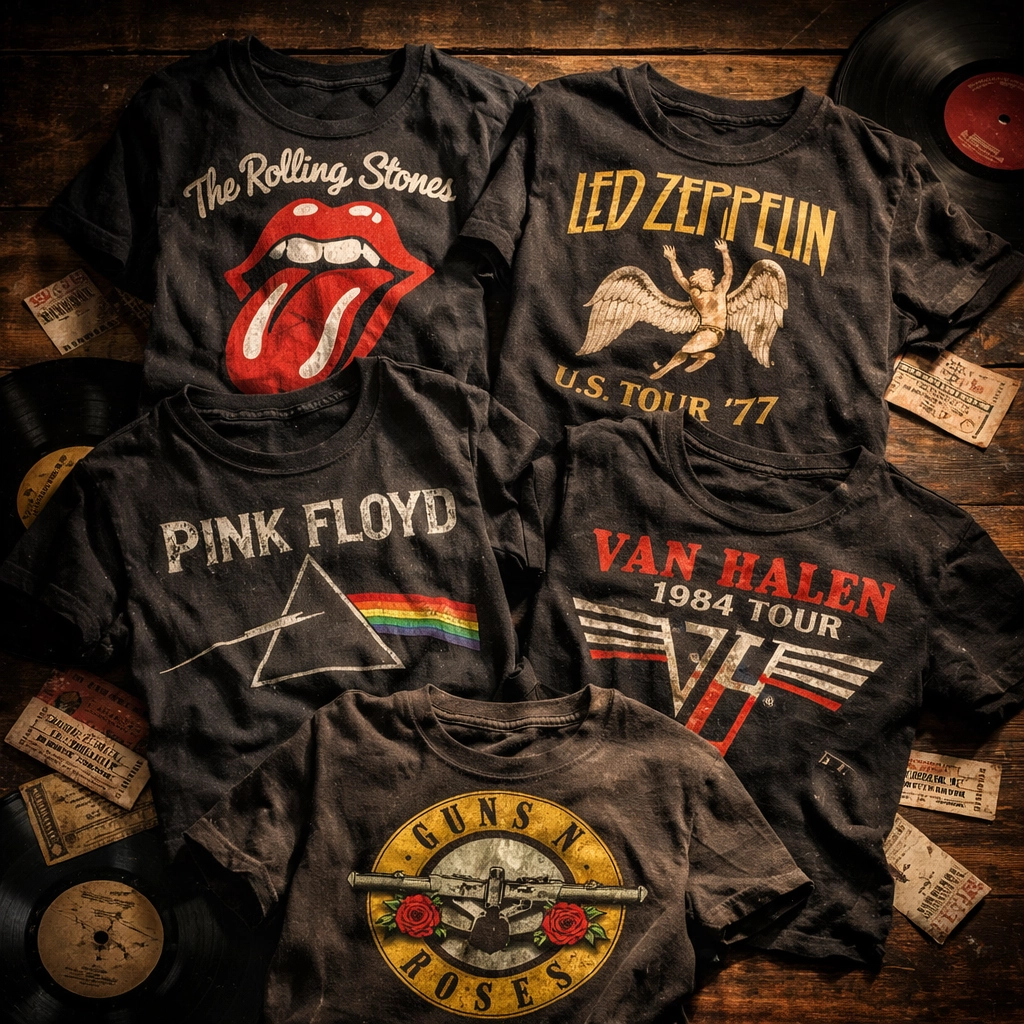 Vintage rock band t-shirts and vinyl records representing official merch as fan badges of honor